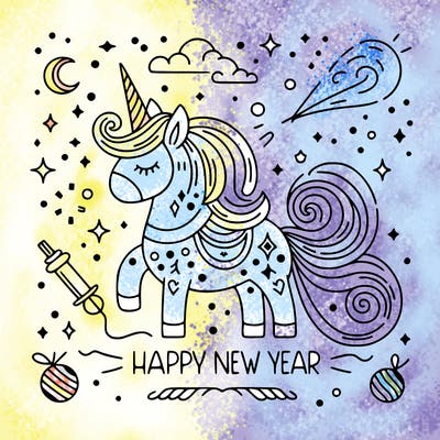 happy new year illustration calligraphic style outline; thin lines; light colors