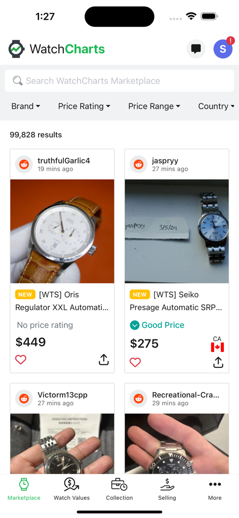 WatchCharts app marketplace screen showing aggregated luxury watch listings from forums with prices and market insights