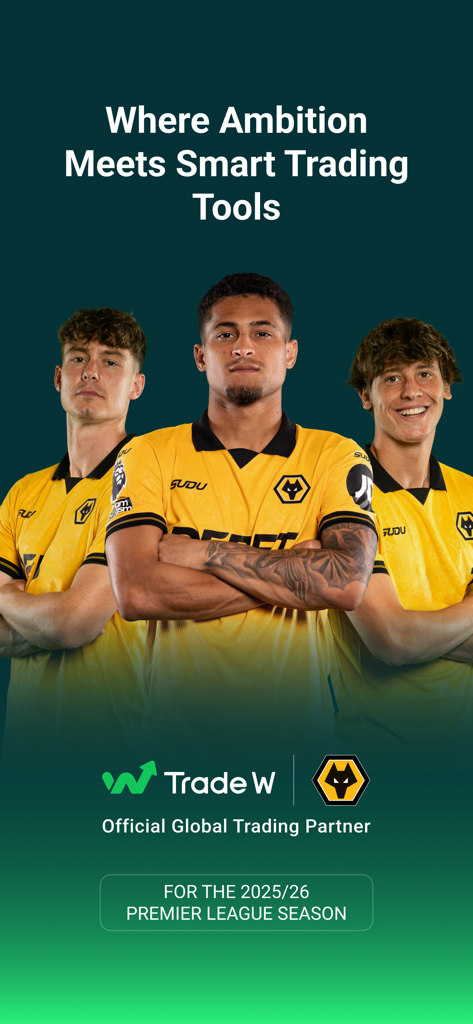 Trade W - Investment & Trading - Banner promocional do aplicativo de investimento Trade W com jogadores do Wolverhampton Wanderers FC como parceiro global oficial de negociação da Premier League.