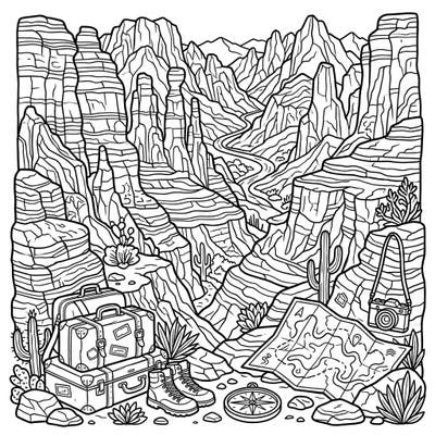 Journey into the heart of a breathtaking Red Rock Canyon with this intricate coloring page, perfectly capturing the spirit of a grand vacation. Discover stacked suitcases, trusty hiking boots, and a detailed map waiting for your creative touch.