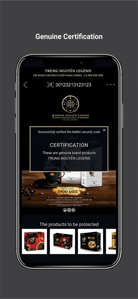 Smartphone displaying a genuine certification for Trung Nguyen Legend products on the Vietcheck app