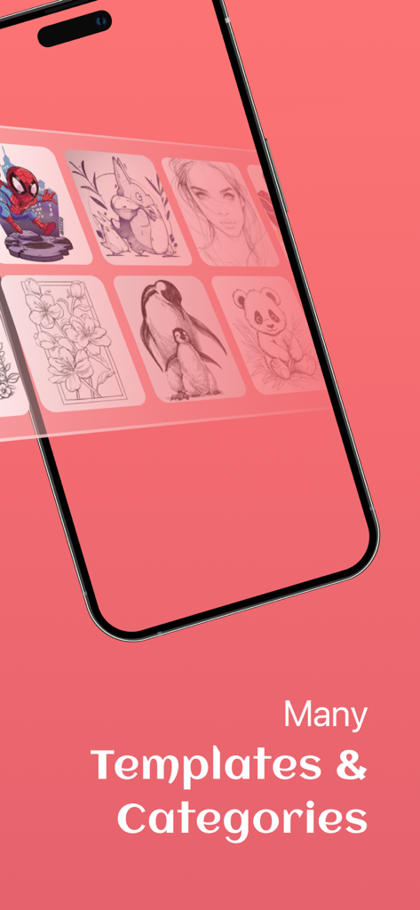 A smartphone displaying a variety of drawing templates and categories like anime and animals