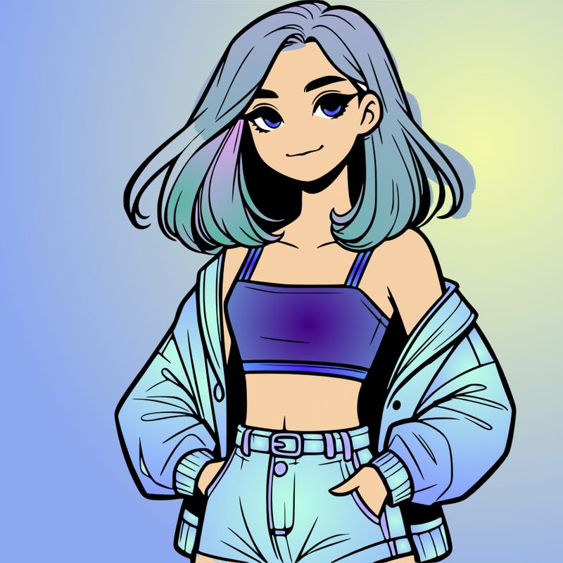 a realistic girl with a crop top and short shorts in an open jacket