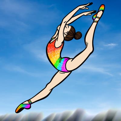 gymnast doing a leap in a leotard with a bent back leg