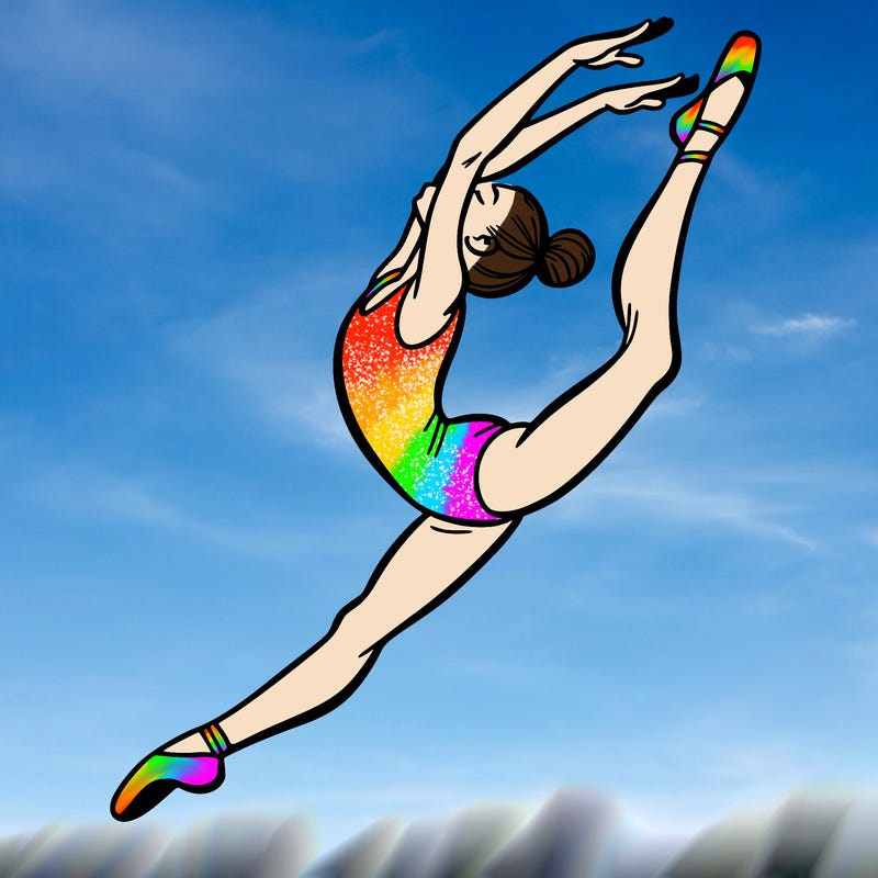 gymnast doing a leap in a leotard with a bent back leg