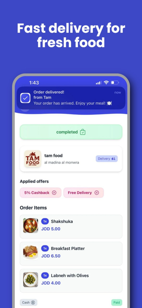 Tam: Food, Grocery & Box - Tam app screenshot showing a completed food delivery order with items like Shakshuka and applied cashback offers