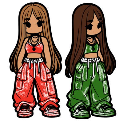 girl in baggy pants crop top and long hair