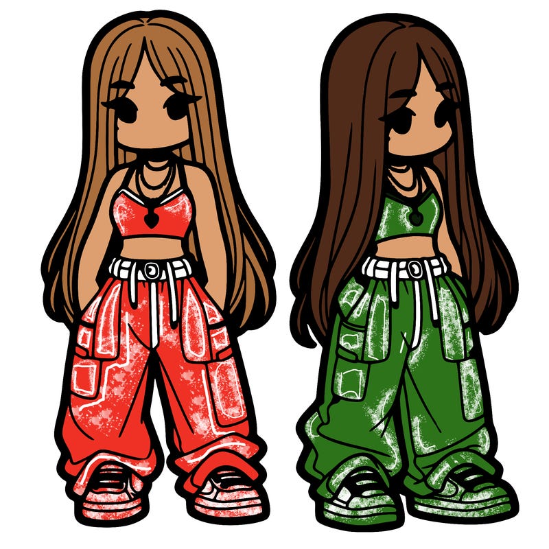 girl in baggy pants crop top and long hair