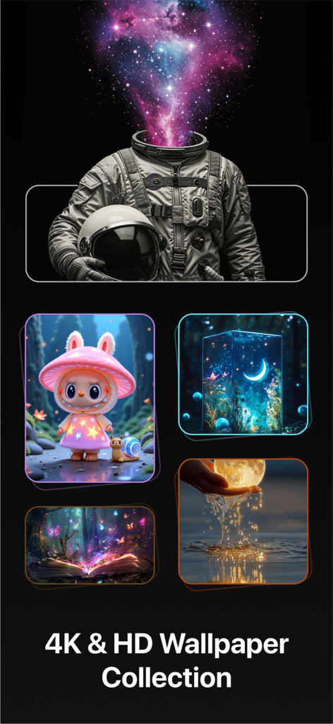 Silly Smiles Live Wallpapers - Preview of aesthetic 4K and HD wallpapers including an astronaut and a cute bunny character