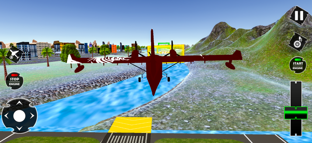 Airplane Simulator 3D Plane - A 3D airplane flying over a river toward a city landscape in the Airplane Simulator 3D game interface.