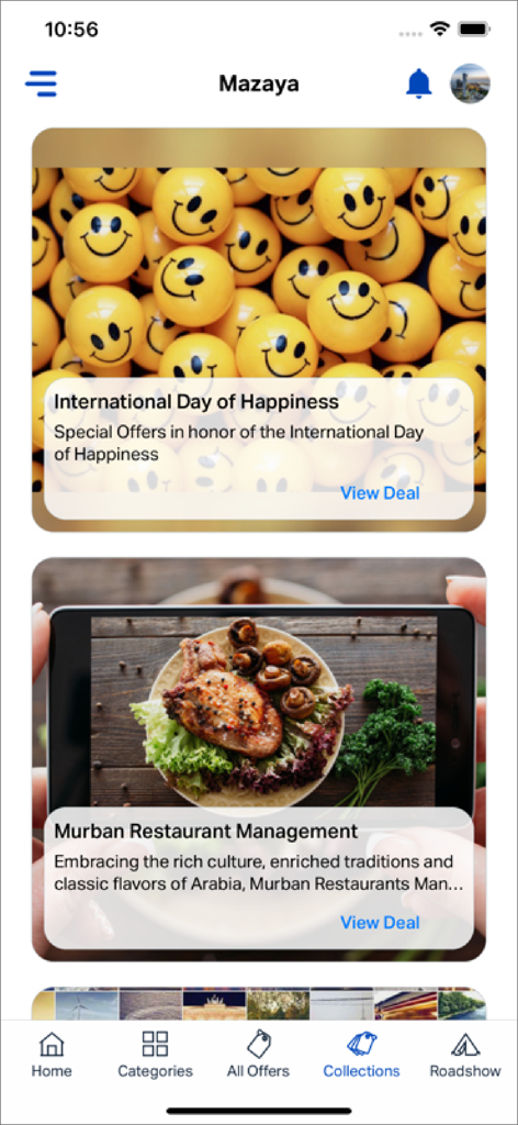 Mazaya Offers - Mazaya Offersモバイルアプリの画面、UAEでの厳選されたライフスタイル＆ダイニング割引を表示