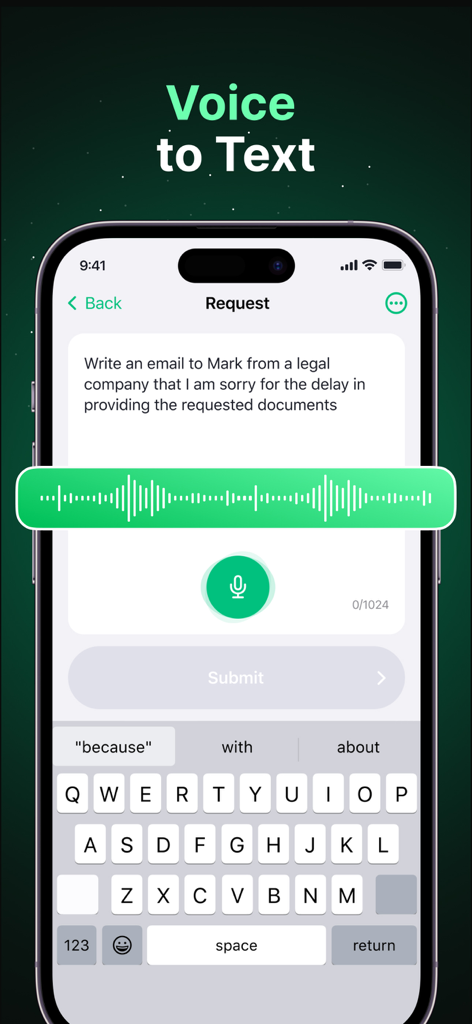 Un écran de smartphone montrant la fonctionnalité de voix-à-texte de Friday AI Email Writer pour rédiger un e-mail.