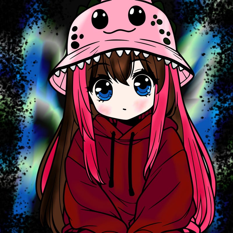 girl with anime shaped eyes with a dinosaur bucket hat oversized sweatshirt long straight hair