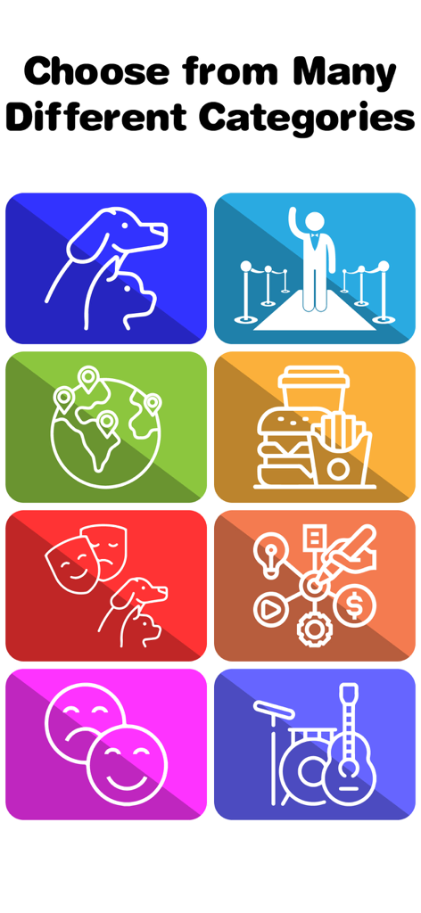 Charades – Headbands Game - Una colorida cuadrícula de iconos de categorías para un juego de charadas, incluyendo animales, comida, música y películas