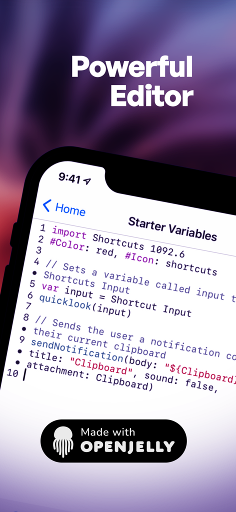 Jellycuts - Mobile interface of Jellycuts showing the script editor with syntax highlighting for iOS shortcuts