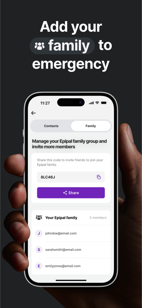 Una pantalla móvil que muestra la interfaz de la aplicación Epipal para invitar y gestionar miembros de la familia como contactos de emergencia.