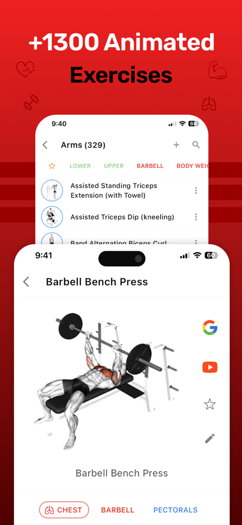 Gym Tracker - Workout Log Pro - Gym Tracker app interface showing animated exercise guides for strength training movements like the barbell bench press