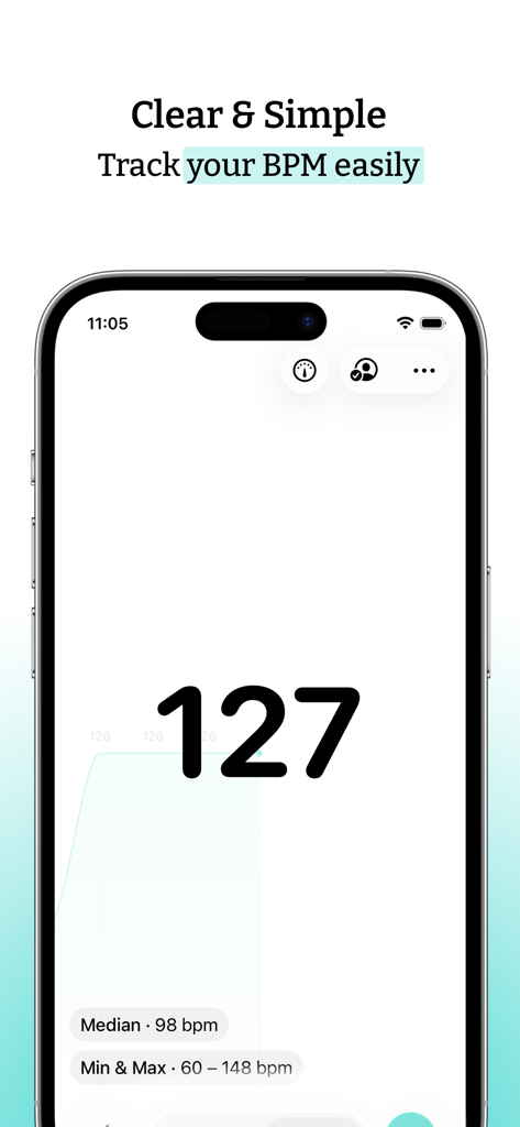 Live BPM Finder - Detect tempo - Live BPM Finder App-Oberfläche zeigt ein klares Tempo von 127 Schlägen pro Minute mit Median- und Bereichsstatistiken an