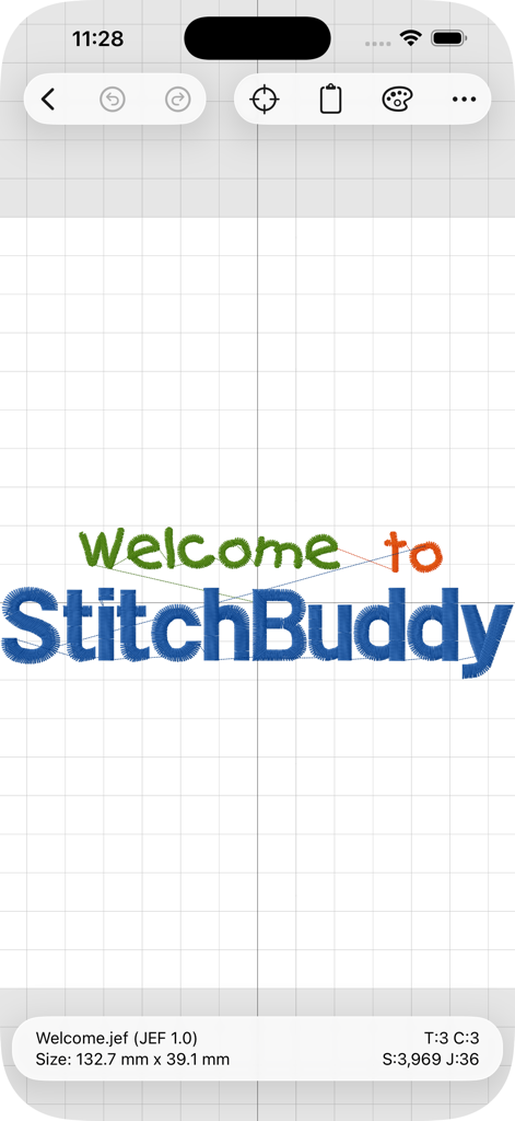 StitchBuddy HD - StitchBuddy HD mobile app interface displaying a colorful embroidery design on a grid background