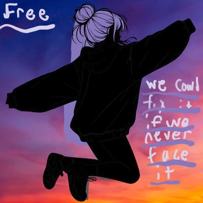 realistic girl jumping with a bun and oversized sweatshirt