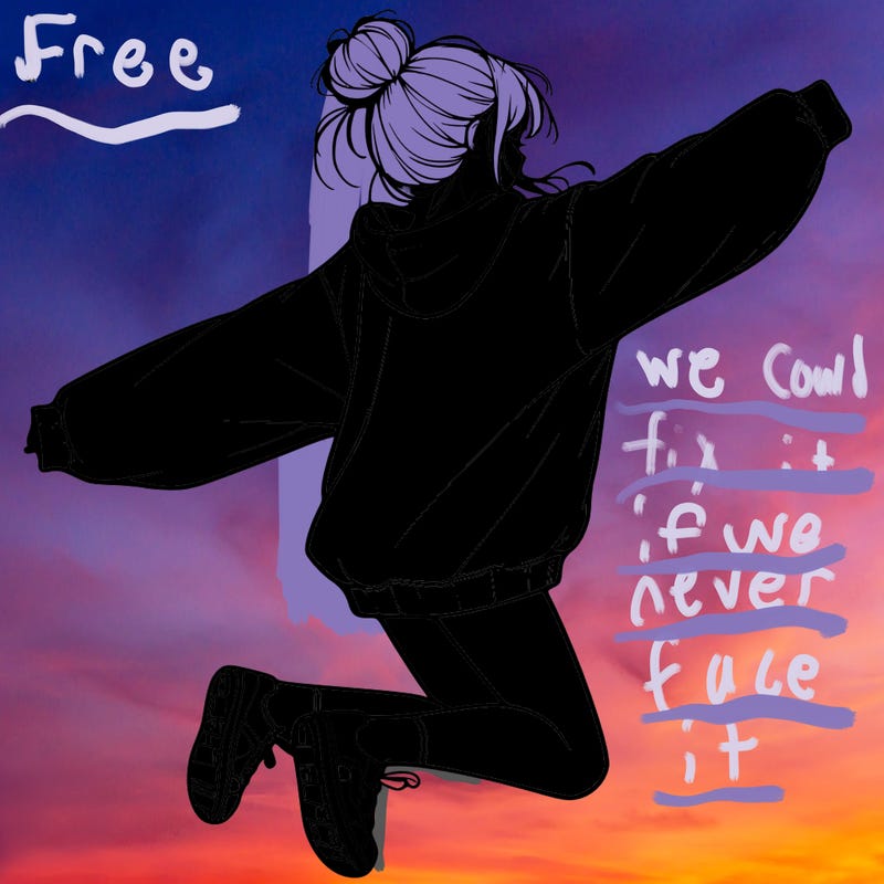 realistic girl jumping with a bun and oversized sweatshirt