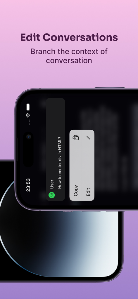 Enchanted Developers Only - A screenshot of the Enchanted app interface showing the edit conversation feature with options to copy and edit user prompts to branch conversation context