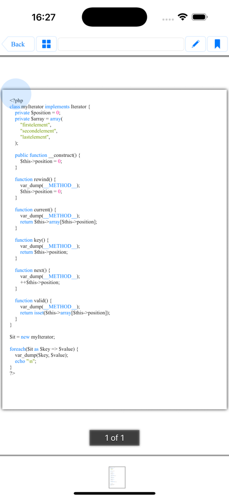 php$ - programming language - A mobile PHP code editor showing an iterator class implementation with syntax highlighting