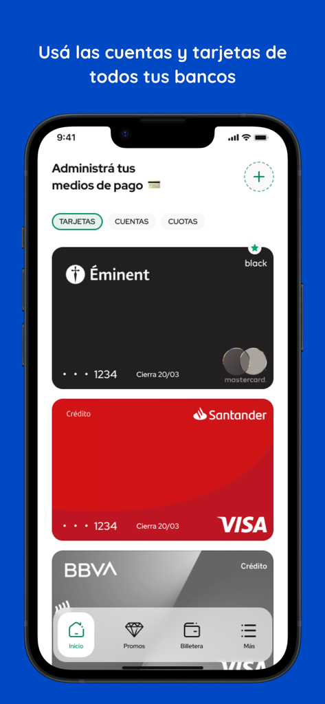 MODO mobile app screen displaying digital bank cards from multiple banks