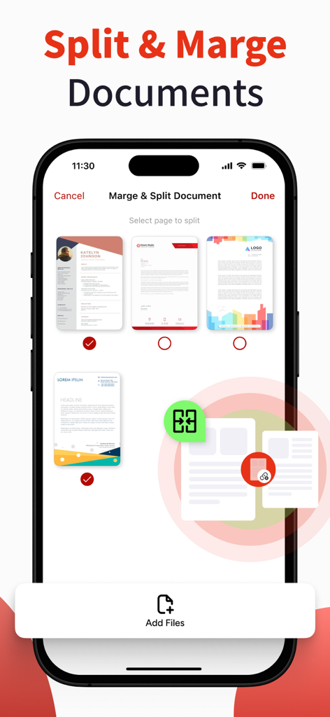 ファイルの分割と結合オプションを示すPDFドキュメントのページのモバイルアプリインターフェイス