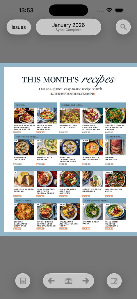 Sainsbury's Magazine - Interface do aplicativo digital Sainsbury's Magazine mostrando um índice de receitas mensal com categorias de comida e fotos.