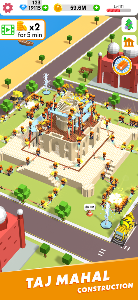 Idle Construction 3D gameplay showing workers building the Taj Mahal landmark