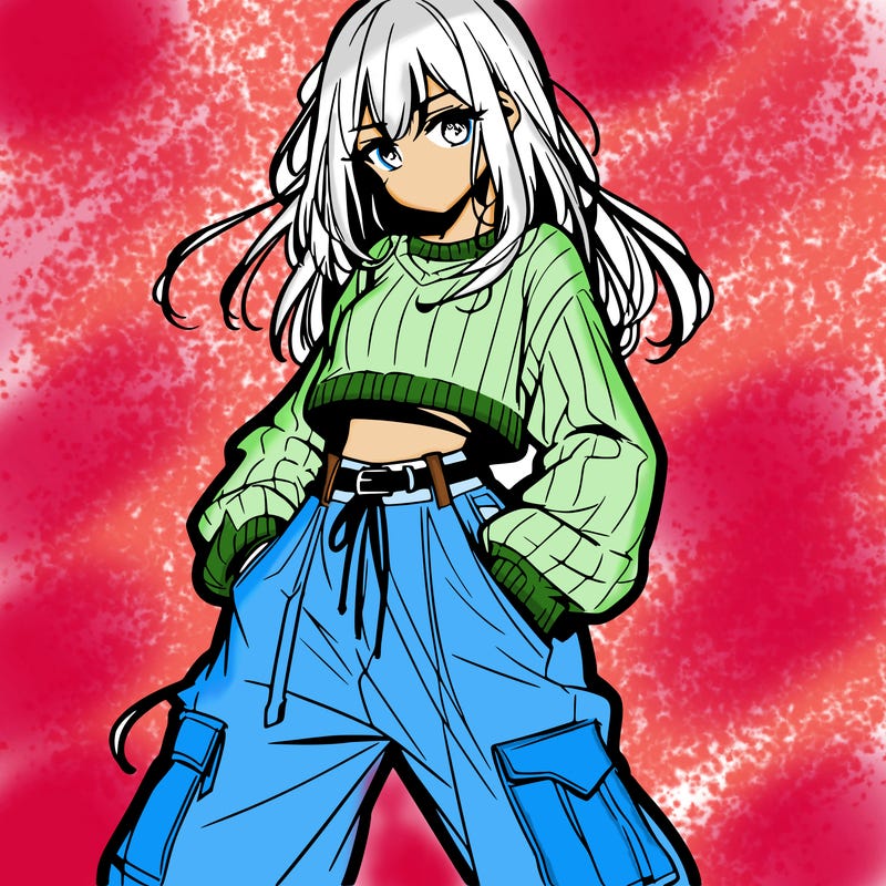 anime teen girl with baggy pants and crop top with sweater