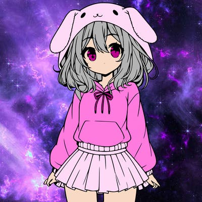 pretty anime girl wearing a fluffy hoodie with bunny ears on the hood and a skirt
