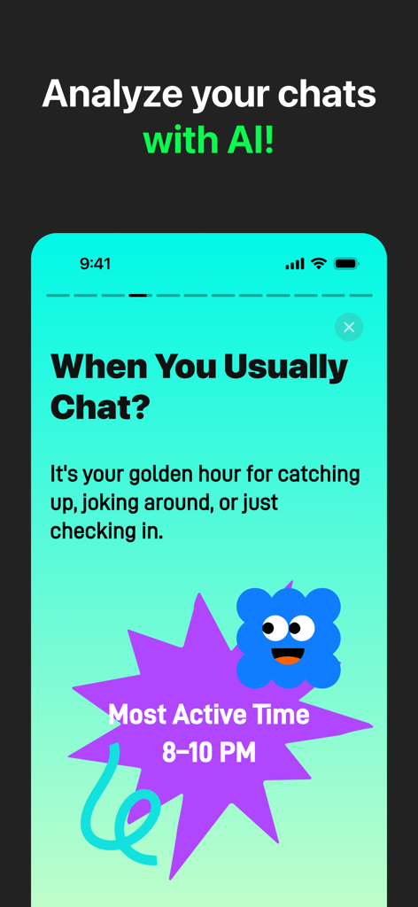 WAMR Backup Message&Dual Chat - Análisis de chat impulsado por IA que muestra las horas pico de actividad de mensajería entre las 8 y las 10 PM.