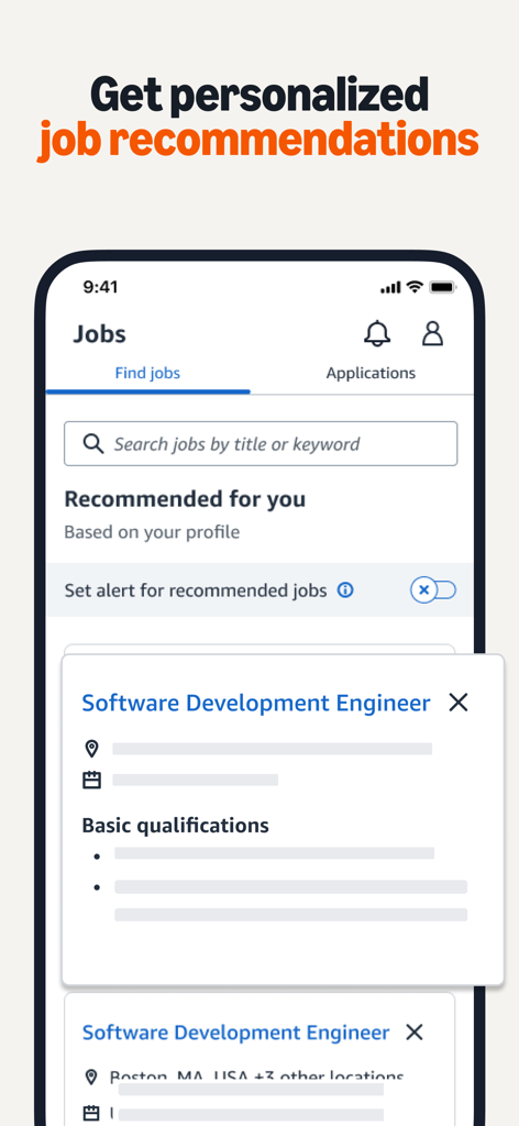 Amazon A to Z - Amazon A to Z app interface showing personalized job recommendations and a job search bar for internal employees.