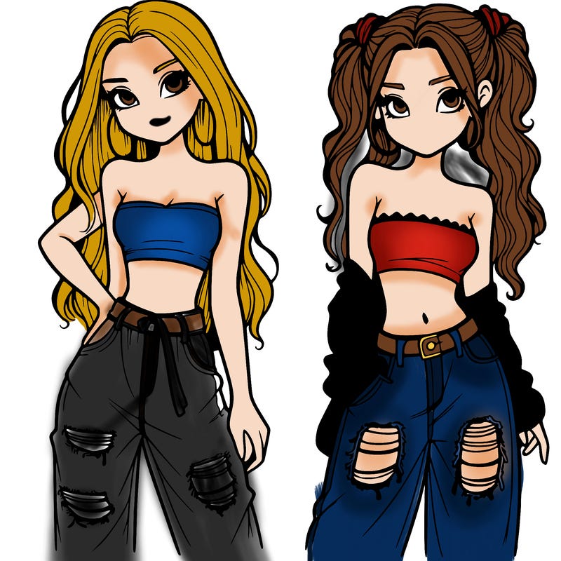 2 girls in crop tops and baggy jeans ripped