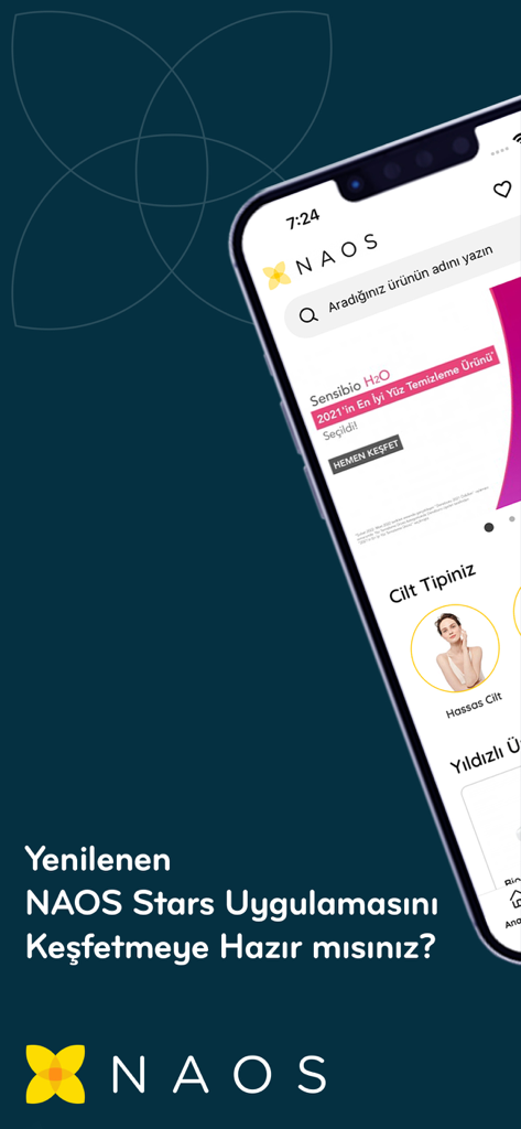 Naos Stars - スマートフォン画面にスキンケア製品カテゴリと検索バーが表示されたNaos Starsアプリのインターフェース。