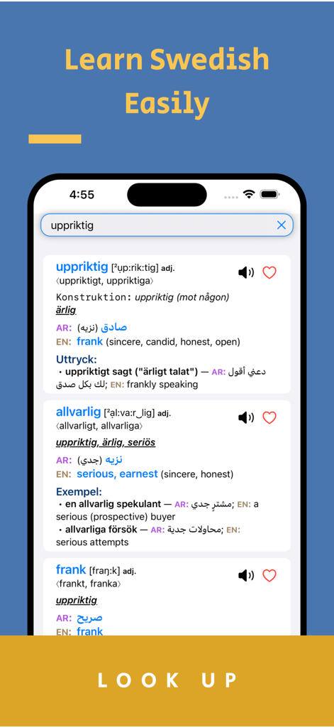 Lexin Offline - Interfaz de la aplicación Lexin Offline que muestra resultados de búsqueda de diccionario sueco con traducciones al inglés y árabe.