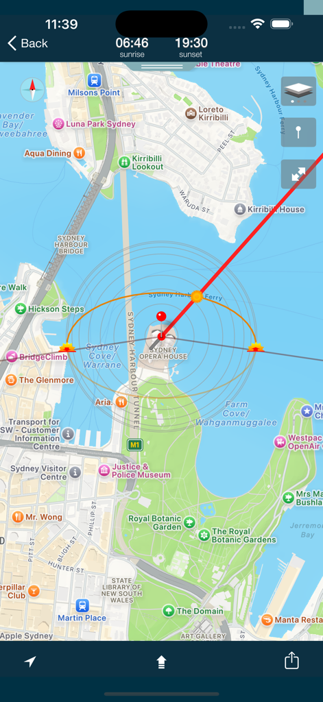 LExp - Long Exposure Calcs - Sun direction and sunrise sunset tracker map in LExp app