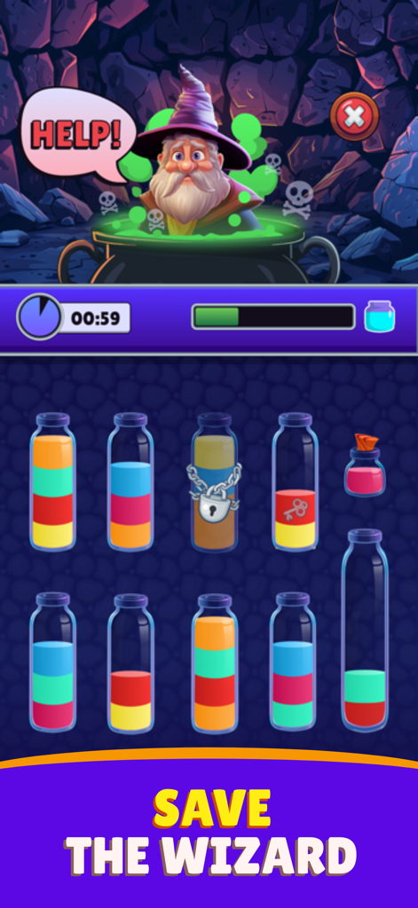 Magic Sort: Water Sort Puzzle - Zaubererfigur und bunte Zaubertrankflaschen im Magic Sort Wasserrätselspiel