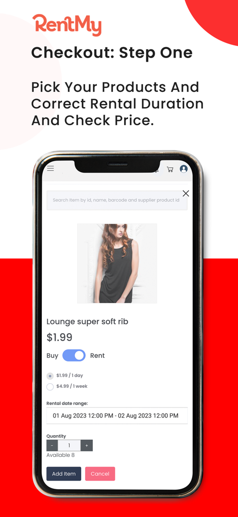 RentMy Rental Software - RentMy mobile App-Oberfläche, die den ersten Schritt des Checkout-Prozesses mit Produktauswahl, Mietdauer und Preisen anzeigt