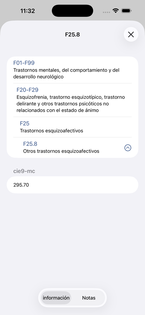 cie10-es - Detailed view of an ICD-10 diagnostic code hierarchy in the Spanish medical app