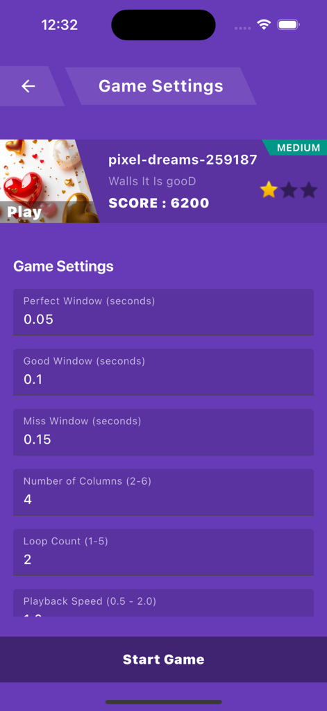 Piano Magic Tiles : Music Game - Interface of Piano Magic Tiles Music Game showing customizable settings for timing windows and playback speed.