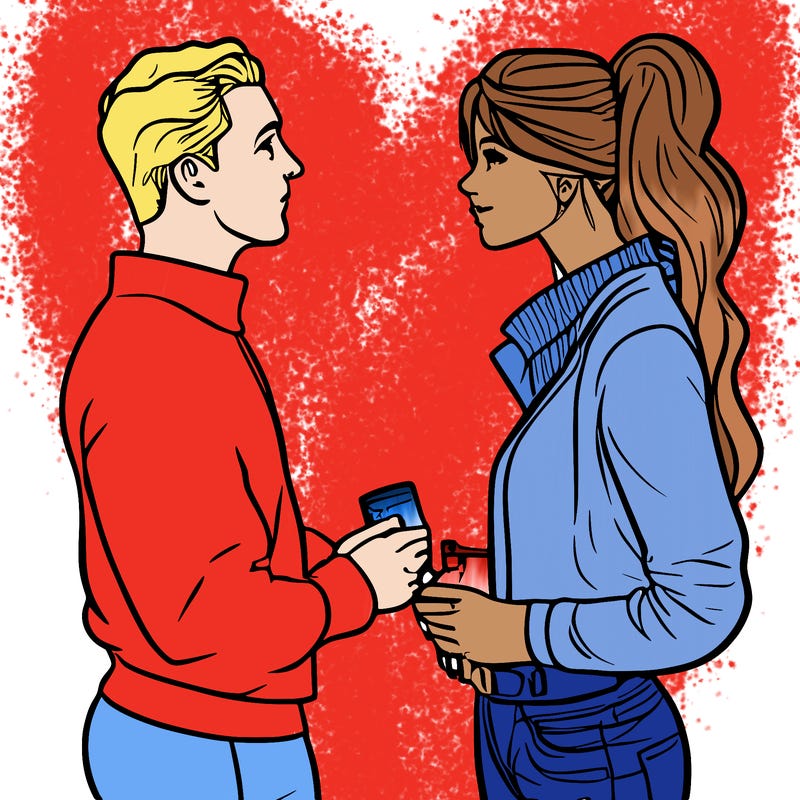 a woman and a man staring into each others eyes romantically