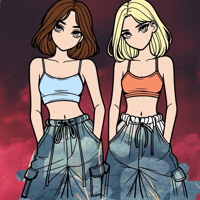 two girls with crop top with baggy pants