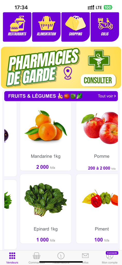 Direct GO - Direct GO 앱 인터페이스에 과일 및 채소에 대한 식품 배달 카테고리와 신선한 농산물 시장이 표시됩니다.