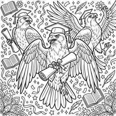 Get ready to celebrate with this dynamic coloring page featuring majestic hawks proudly marking their graduation day. Perfect for teens, this intricate design combines academic achievement with the spirit of nature.