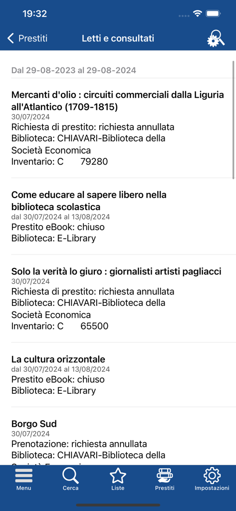 bi.G.met. app screen showing a list of read and consulted books with loan status and library details.