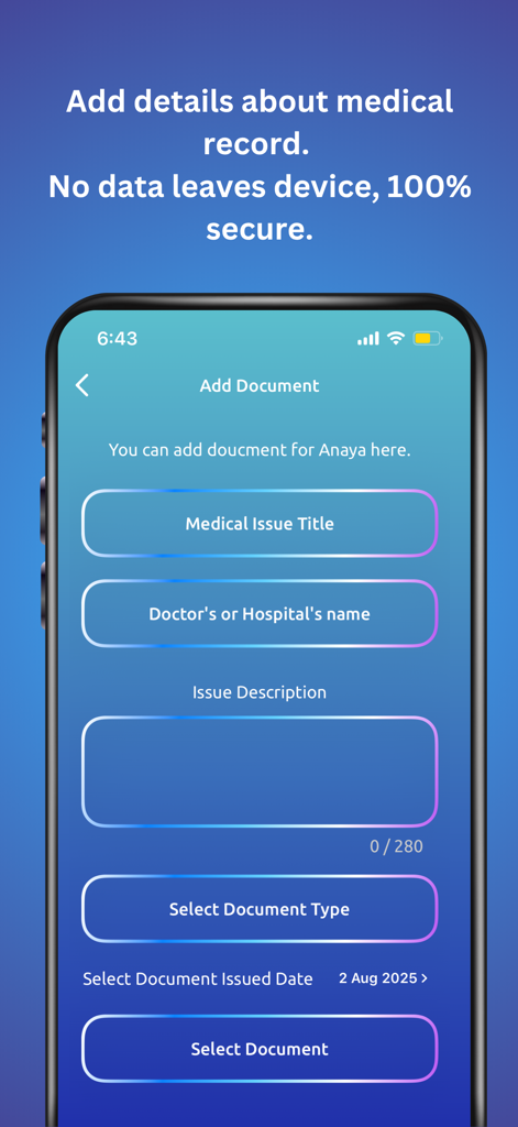 MediTrack - Family Health - Écran Ajouter un document dans l'application MediTrack montrant les champs pour le titre du problème médical, le nom du médecin et la description du problème
