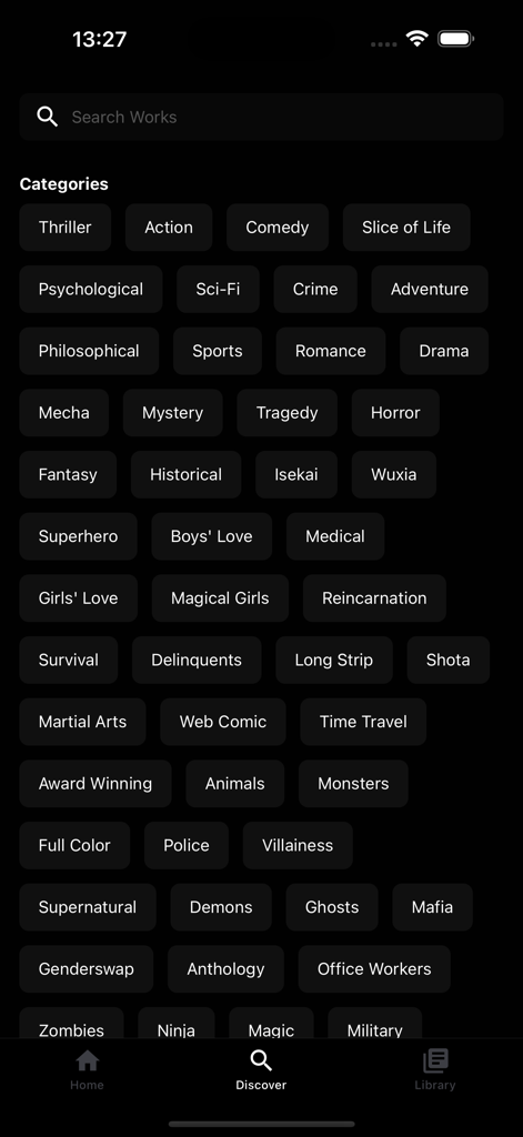 MangaFlix app discover screen displaying various manga genres in dark mode